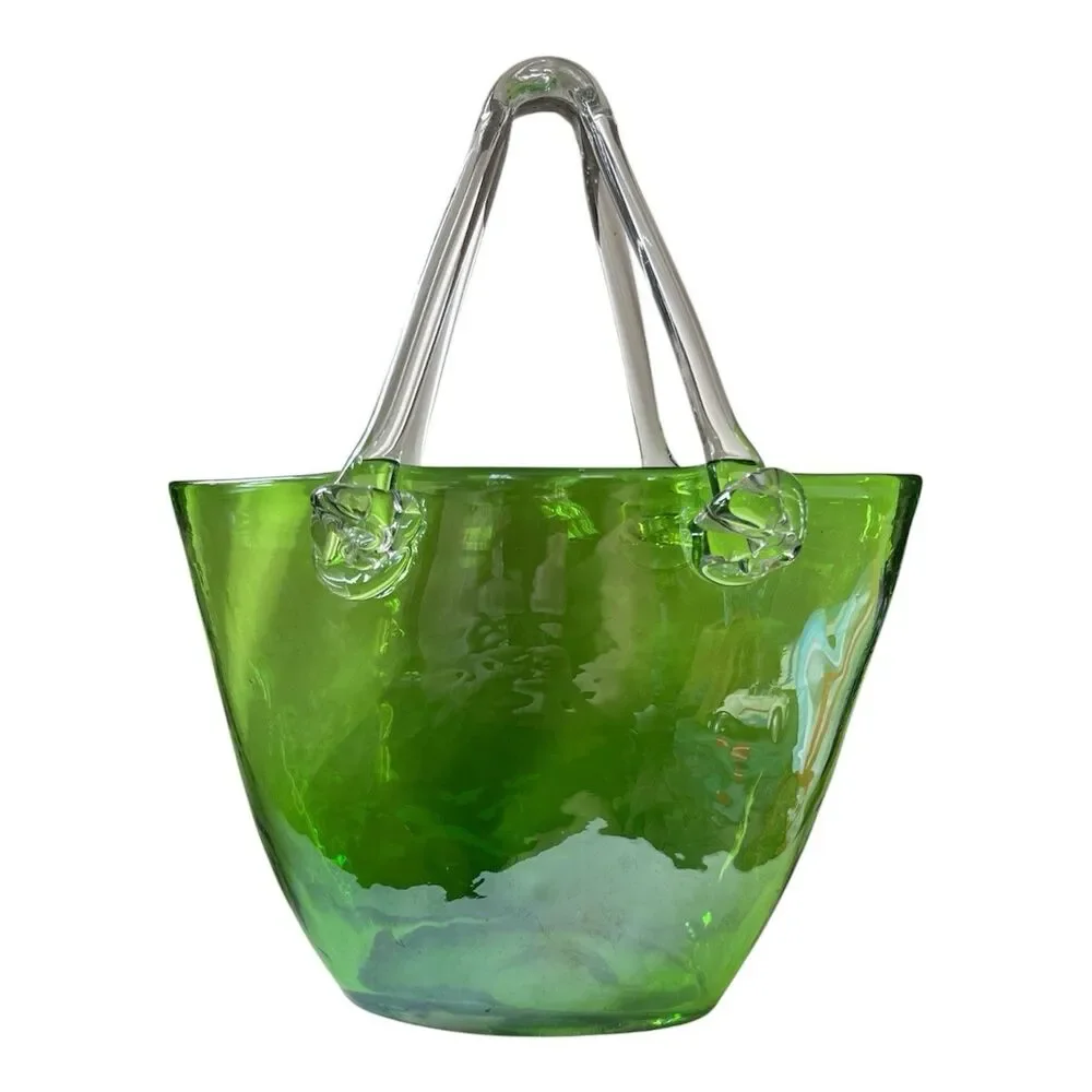 Vintage Hand Blown Green Glass Purse Vase With Handles 8.5 x 6.5